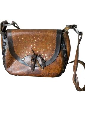 Vintage Brown Leather Hand Tooled Saddle Bag Crossbody Boho Embossed Braided